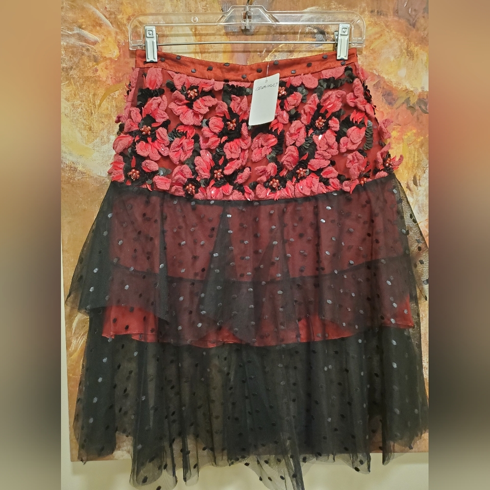 NWT $2690 sz 6 Rodarte Poinsetta embroidered layered tulle skirt with beads